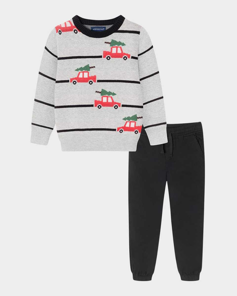 Boy's Striped Holiday Sweater W/ Twill Pants Set, Size 2T-8